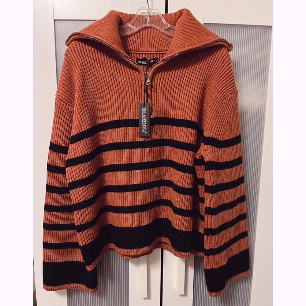 NWT Blank NYC Burnt Orange Striped Half Zip Knit Sweater Size M
